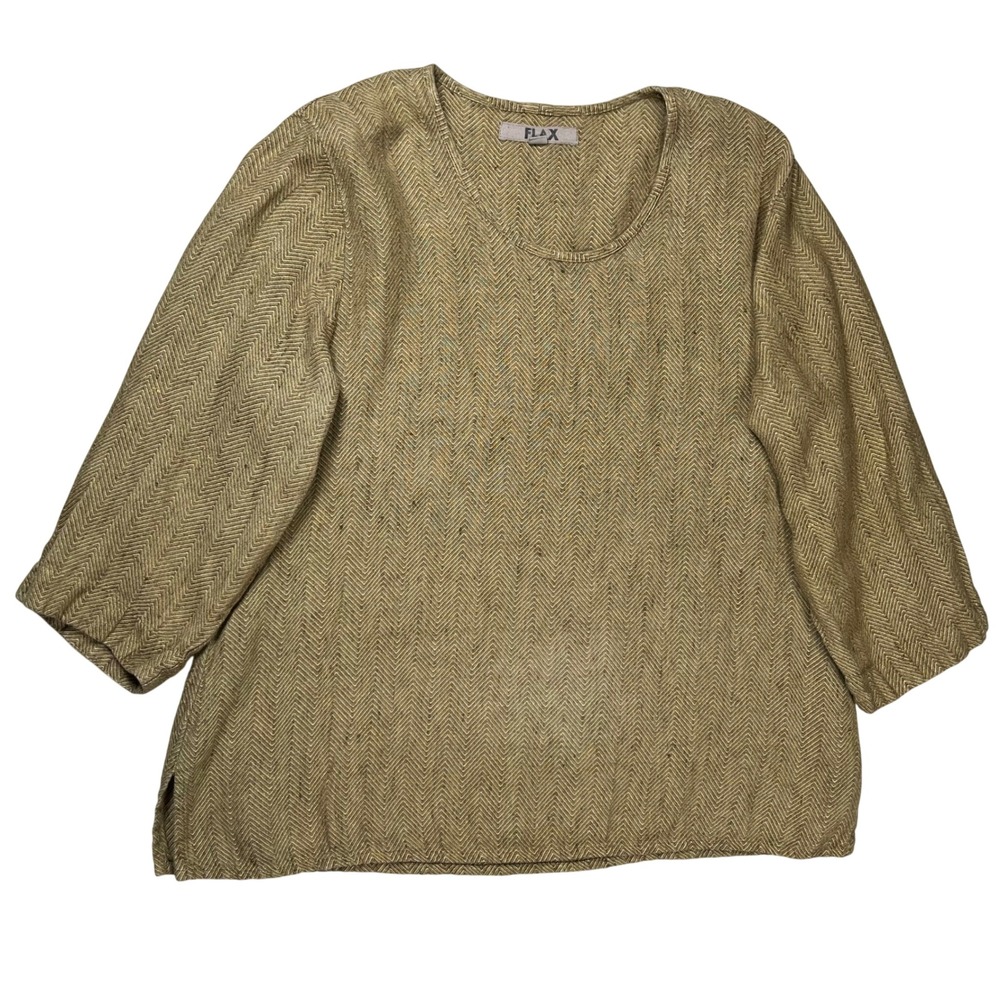 Flax Linen Herringbone Blouse Womens Medium Olive Tan 3/4 Sleeve Lagenlook Top
